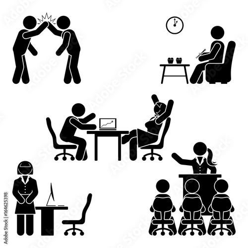 Stick figure office poses set. Business finance workplace support. Working, sitting, talking, meeting, training, discussing vector pictogram
