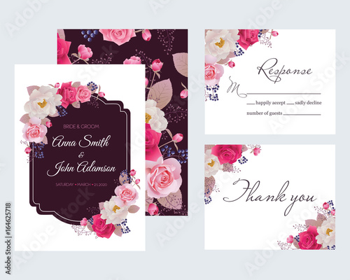 Wedding floral template collection.Wedding invitation, thank you card, save the date cards. Beautiful peony and roses. Vector illustration. EPS 10