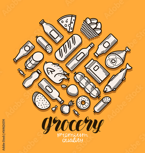 Food and drinks icons set. Grocery store banner. Vector illustration