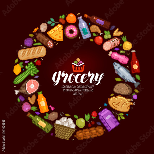 Grocery banner. Food and drinks icons set. Vector illustration photo