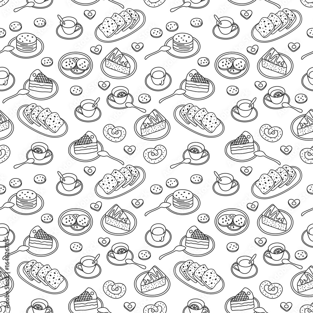 Tea, sweets and  bakery hand drawn pattern. Black and white clolors. Vector seamless background.