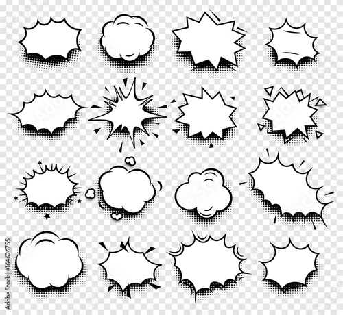 Isolated abstract black and white color comics speech balloons icons collection on checkered background, dialogue boxes signs set,dialog frames vector illustration. photo