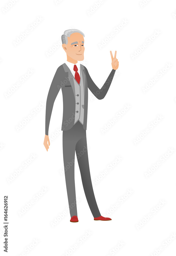 Caucasian businessman showing victory gesture.