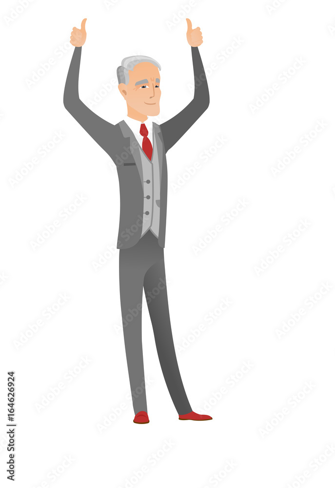 Caucasian businessman standing with raised arms up Caucasian businessman standing with raised arms up