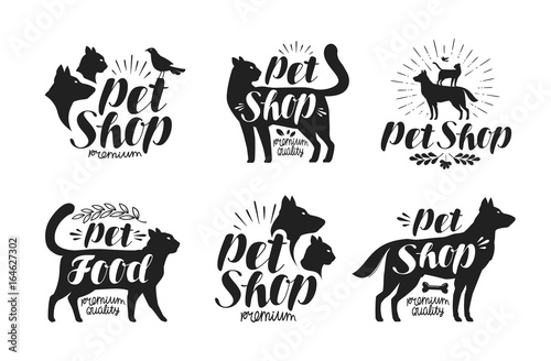 Pet shop, label set. Animals, dog, cat, parrot symbol or logo. Lettering vector illustration