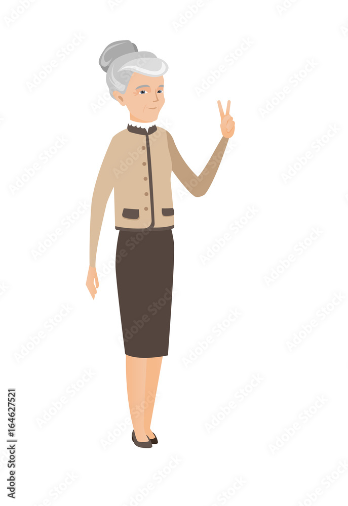 Caucasian business woman showing victory gesture. Caucasian business woman showing victory gesture.
