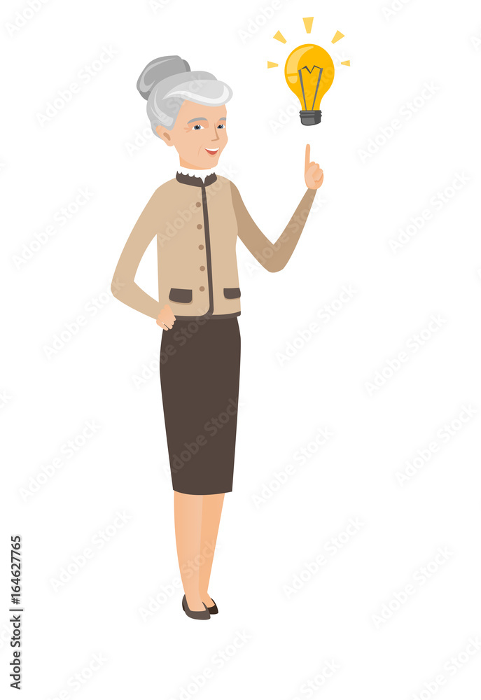 Caucasian business woman pointing at idea bulb. Caucasian business woman pointing at idea bulb.