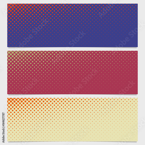 Halftone circle pattern horizontal banner set - vector graphic design from dots