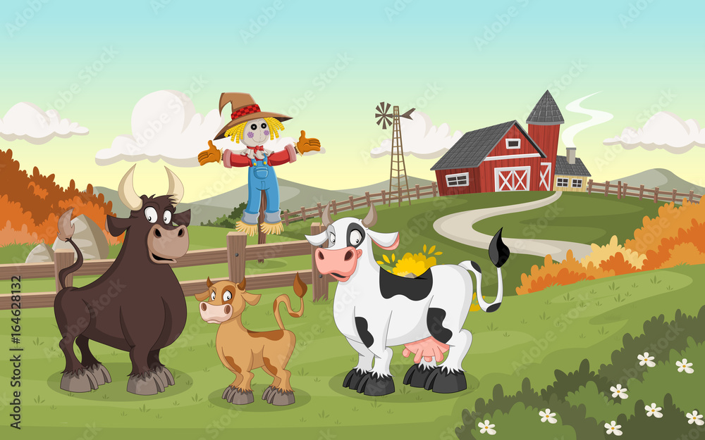 Cartoon cow, calf and bull. Farm background. Stock Vector | Adobe Stock