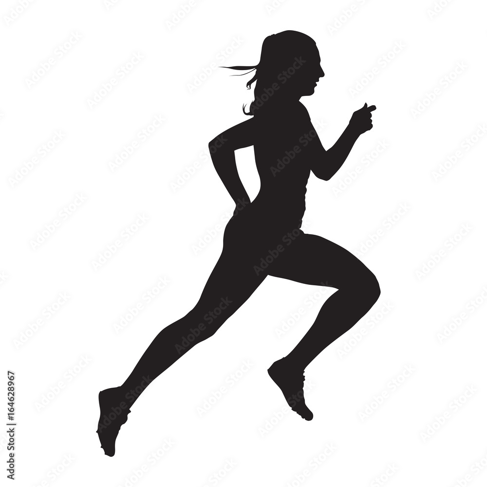 Running woman vector silhouette, side view