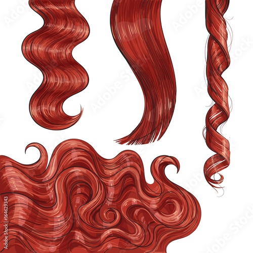 Set of shiny long red fair straight and wavy hair curls, sketch style vector illustration isolated on white background. Set of hand drawn realistic healthy, shiny red, flaxen hair curls