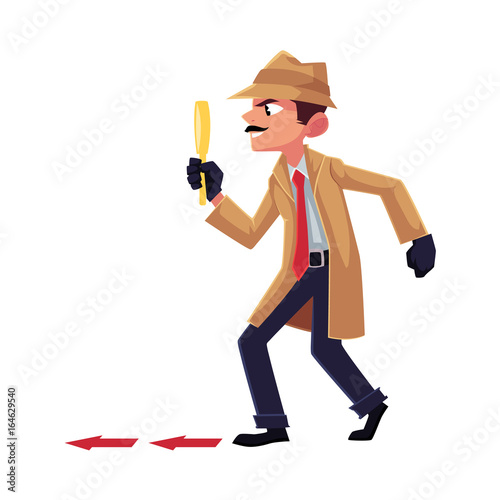 Detective character following, tiptoeing after somebody with magnifying glass, cartoon vector illustration isolated on white background. Full length portrait of funny detective character at work