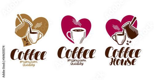 Coffee, coffeehouse label set. Cafe, cafeteria, hot drink logo or icon. Handwritten lettering vector illustration