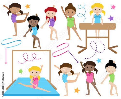 Vector Collection of Cute Female Gymnasts or Dancers of Different Ethnicities