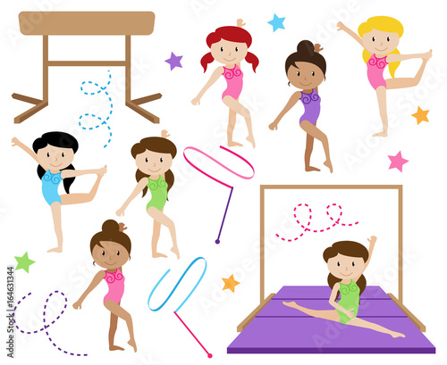Vector Collection of Cute Female Gymnasts or Dancers of Different Ethnicities