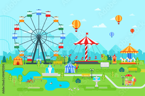 Fototapeta Naklejka Na Ścianę i Meble -  Amusement park vector flat illustration at daytime with ferris wheel, circus, carousel, attractions, landscape and city background.