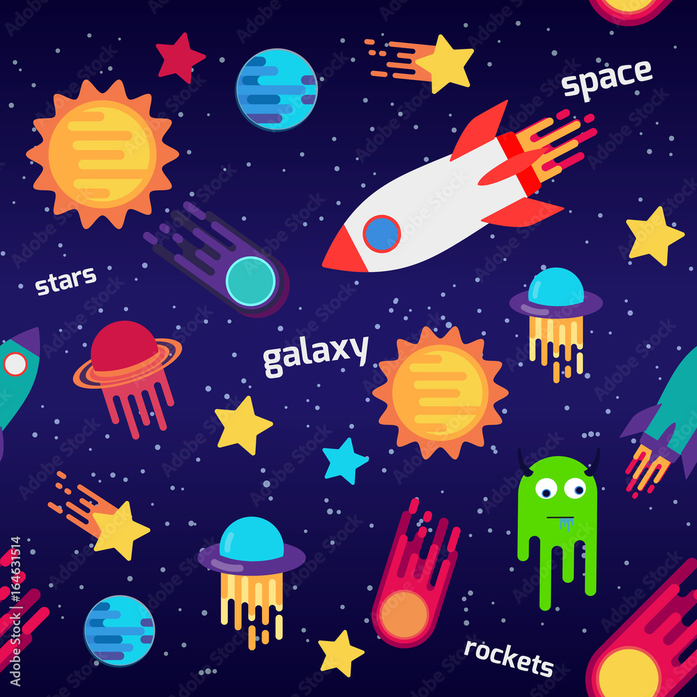 Seamless children cartoon space pattern with rockets, planets, stars, the dark night sky background. Vector illustration.