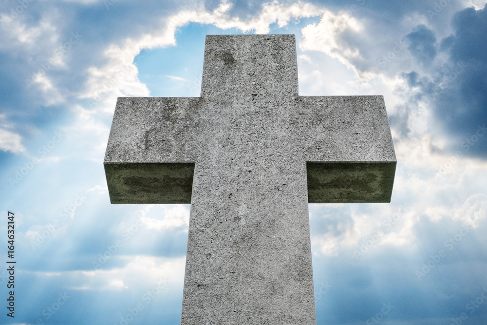  gravestone, stone cross isolated on sky background