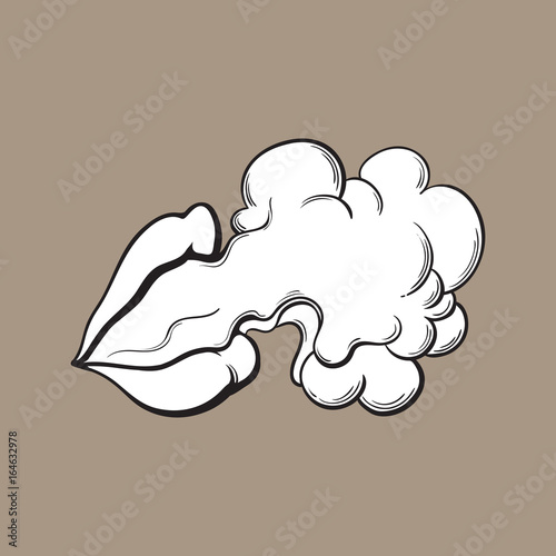 Beautiful female lips with red shiny lipstick emitting smoke cloud, black and white sketch style vector illustration on color background. Hand drawing of smoke coming out of woman lips