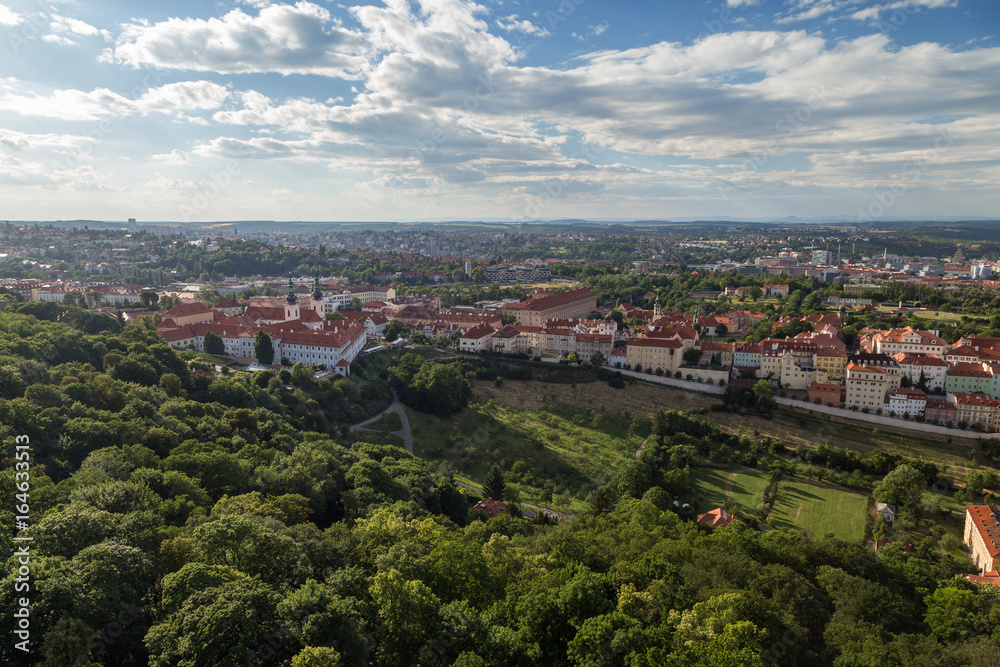 View of Petrin Hill, Strahov Monastery and other old buildings in Prague, Czech Republic, from above.