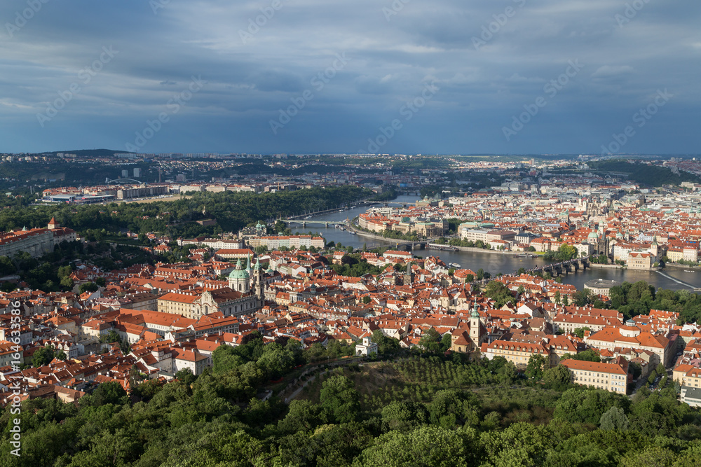 View of the Mala Strana District (Lesser Town), Vltava River and Old Town in Prague, Czech Republic, from above.