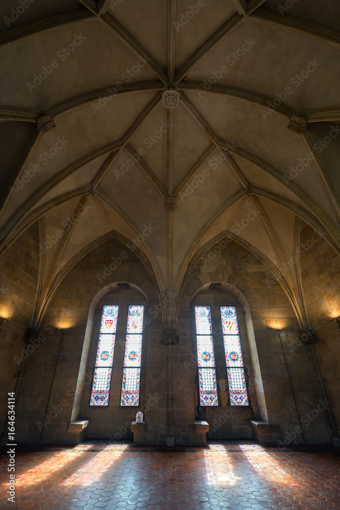Empty room at the Gothic style Powder Tower in Prague, Czech Republic. 