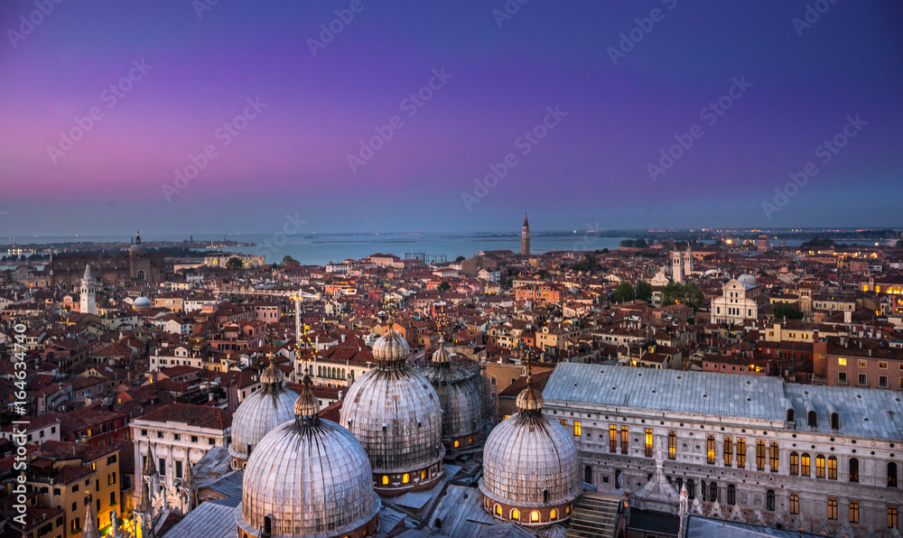 view of Venice, Doge's Palace, domes of San Marco. Venice, Italyat sunset