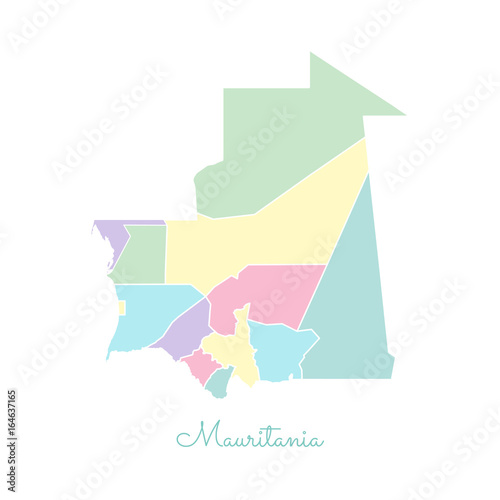 Mauritania region map: colorful with white outline. Detailed map of Mauritania regions. Vector illustration.