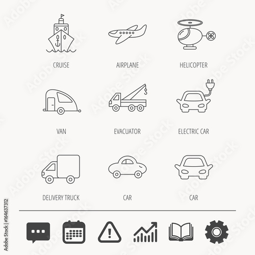 Transportation icons. Car, ship and truck linear signs. Airplane, helicopter and evacuator flat line icons. Education book, Graph chart and Chat signs. Attention, Calendar and Cogwheel web icons