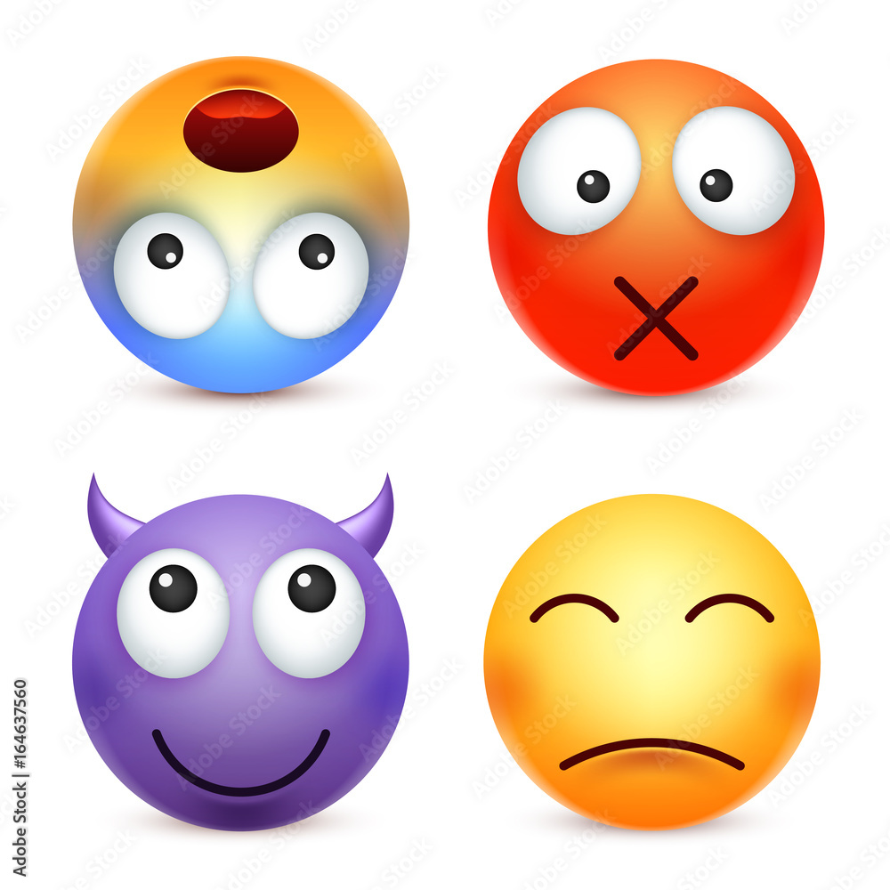 Smiley,emoticon set. Yellow face with emotions. Facial expression. 3d realistic emoji. Sad,happy,angry faces.Funny cartoon character.Mood. Web icon. Vector illustration. Smiley,emoticon set. Yellow face with emotions. Facial expression. 3d realistic emoji. Sad,happy,angry faces.Funny cartoon character.Mood. Web icon. Vector illustration.