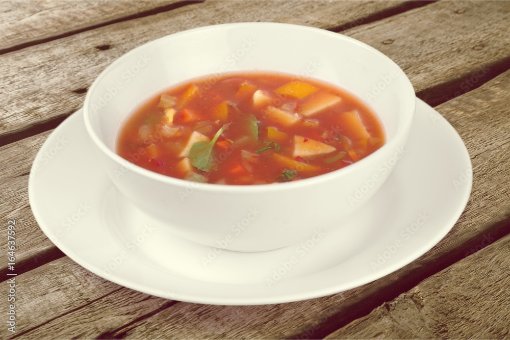 Soup on the plate. Soup on the plate.