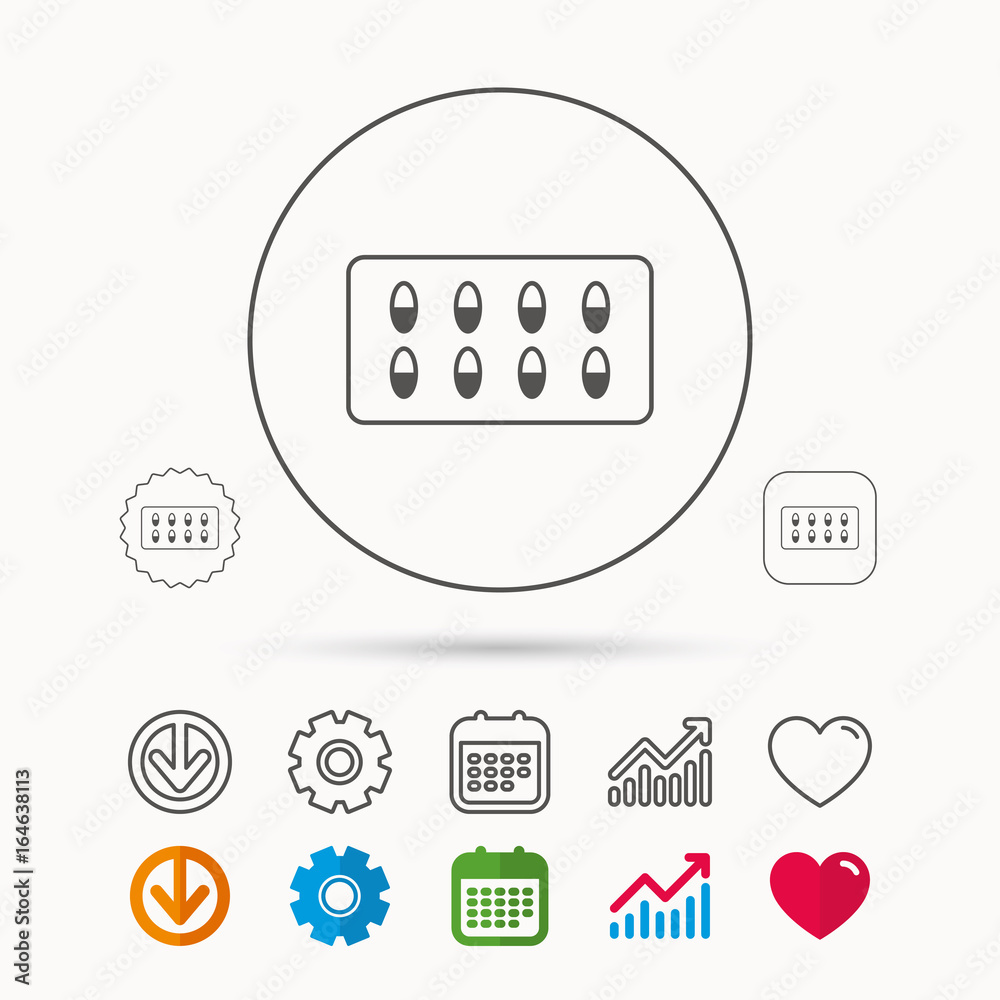 Medical capsules icon. Medicine drugs sign. Calendar, Graph chart and Cogwheel signs. Download and Heart love linear web icons. Vector Medical capsules icon. Medicine drugs sign. Calendar, Graph chart and Cogwheel signs. Download and Heart love linear web icons. Vector