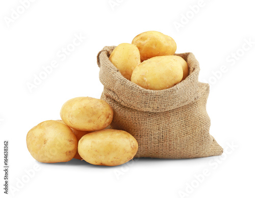 Sack with potatoes on white background