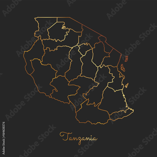 Tanzania region map: golden gradient outline on dark background. Detailed map of Tanzania regions. Vector illustration.
