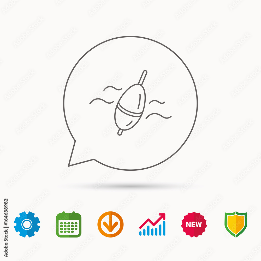 Fishing float icon. Bobber in waves sign. Angling symbol. Calendar, Graph chart and Cogwheel signs. Download and Shield web icons. Vector Fishing float icon. Bobber in waves sign. Angling symbol. Calendar, Graph chart and Cogwheel signs. Download and Shield web icons. Vector