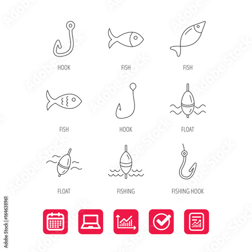 Fishing hook and float icons. Fish, waves linear signs. Report document, Graph chart and Calendar signs. Laptop and Check web icons. Vector