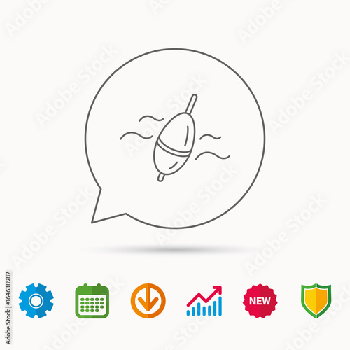 Fishing float icon. Bobber in waves sign. Angling symbol. Calendar, Graph chart and Cogwheel signs. Download and Shield web icons. Vector