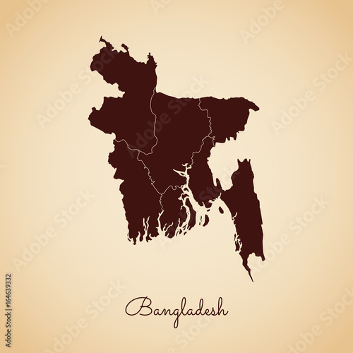 Bangladesh region map: retro style brown outline on old paper background. Detailed map of Bangladesh regions. Vector illustration.