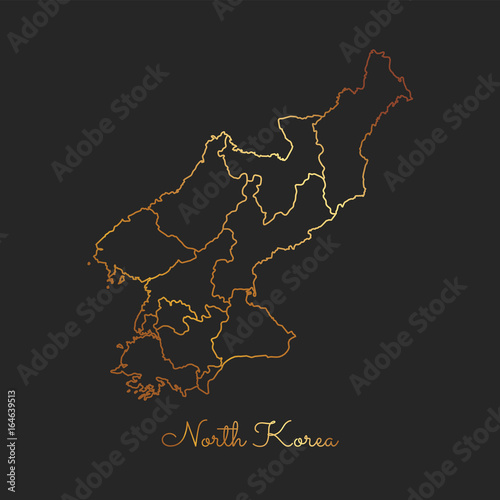 North Korea region map: golden gradient outline on dark background. Detailed map of North Korea regions. Vector illustration.