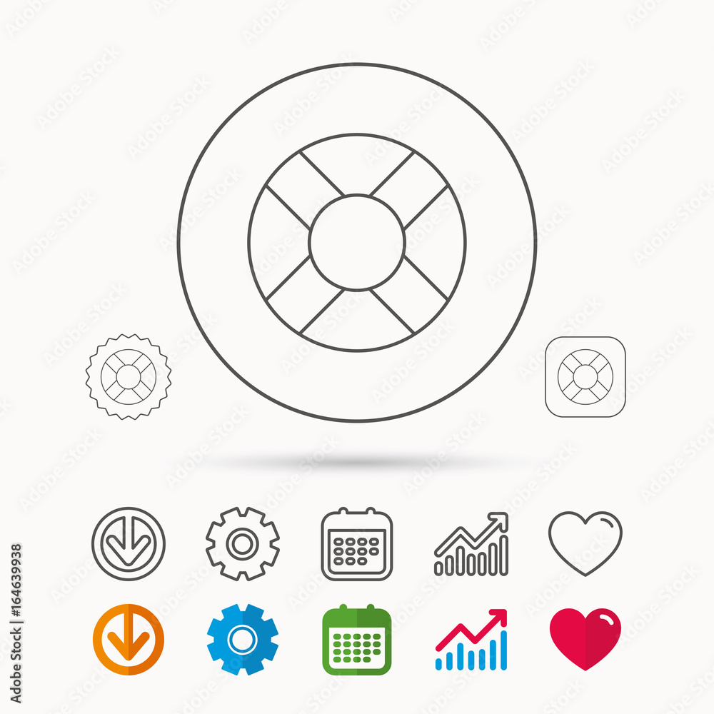 Lifebuoy icon. Lifebelt sos sign. Lifesaver help equipment symbol. Calendar, Graph chart and Cogwheel signs. Download and Heart love linear web icons. Vector Lifebuoy icon. Lifebelt sos sign. Lifesaver help equipment symbol. Calendar, Graph chart and Cogwheel signs. Download and Heart love linear web icons. Vector