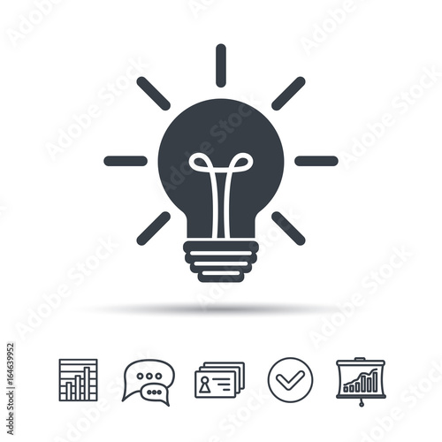 Light bulb icon. Lamp sign. Illumination technology symbol. Chat speech bubble, chart and presentation signs. Contacts and tick web icons. Vector