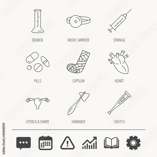 Syringe, beaker and pills icons. Crutch, medical hammer and mirror linear signs. Heart, broken leg and uterus ovary icons. Education book, Graph chart and Chat signs. Vector
