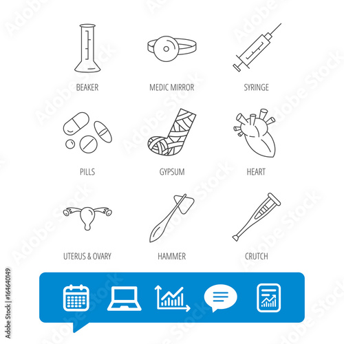Syringe, beaker and pills icons. Crutch, medical hammer and mirror linear signs. Heart, broken leg and uterus ovary icons. Report file, Graph chart and Chat speech bubble signs. Vector