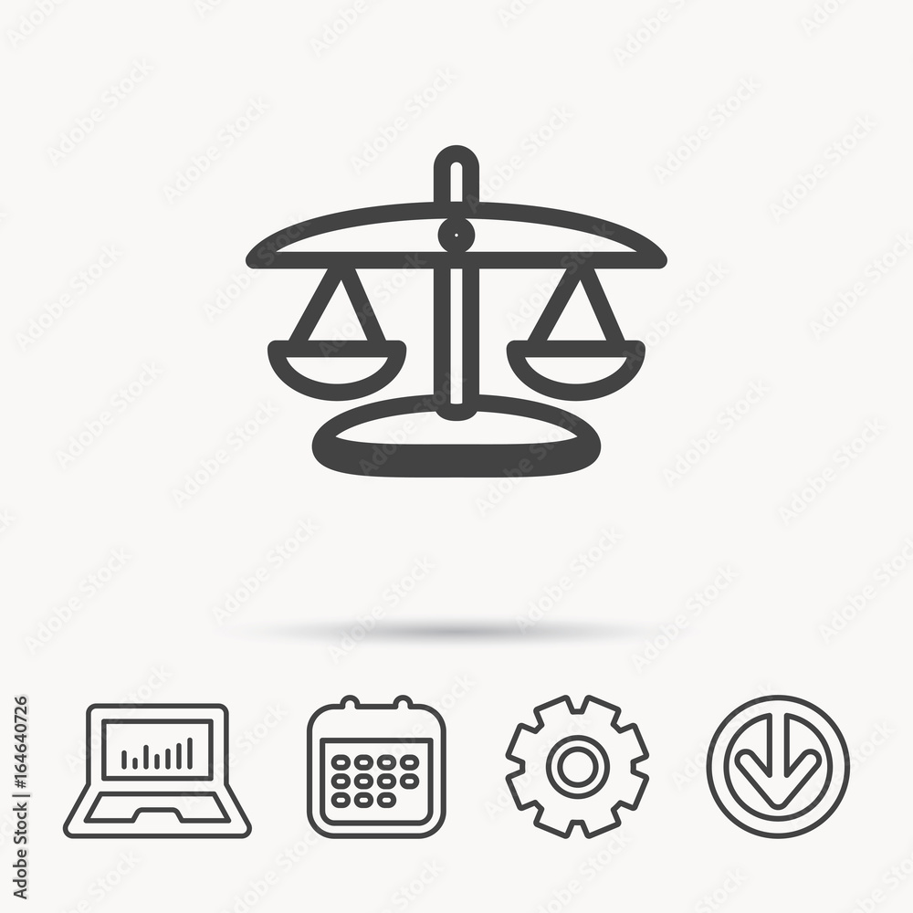 Scales of Justice icon. Law and judge sign. Measurement tool symbol. Notebook, Calendar and Cogwheel signs. Download arrow web icon. Vector Scales of Justice icon. Law and judge sign. Measurement tool symbol. Notebook, Calendar and Cogwheel signs. Download arrow web icon. Vector