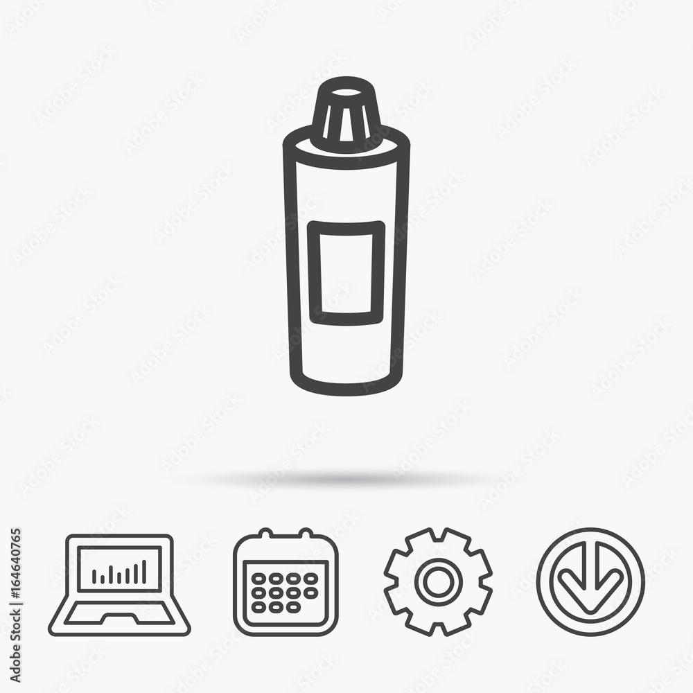 Shampoo bottle icon. Liquid soap sign. Notebook, Calendar and Cogwheel signs. Download arrow web icon. Vector Shampoo bottle icon. Liquid soap sign. Notebook, Calendar and Cogwheel signs. Download arrow web icon. Vector