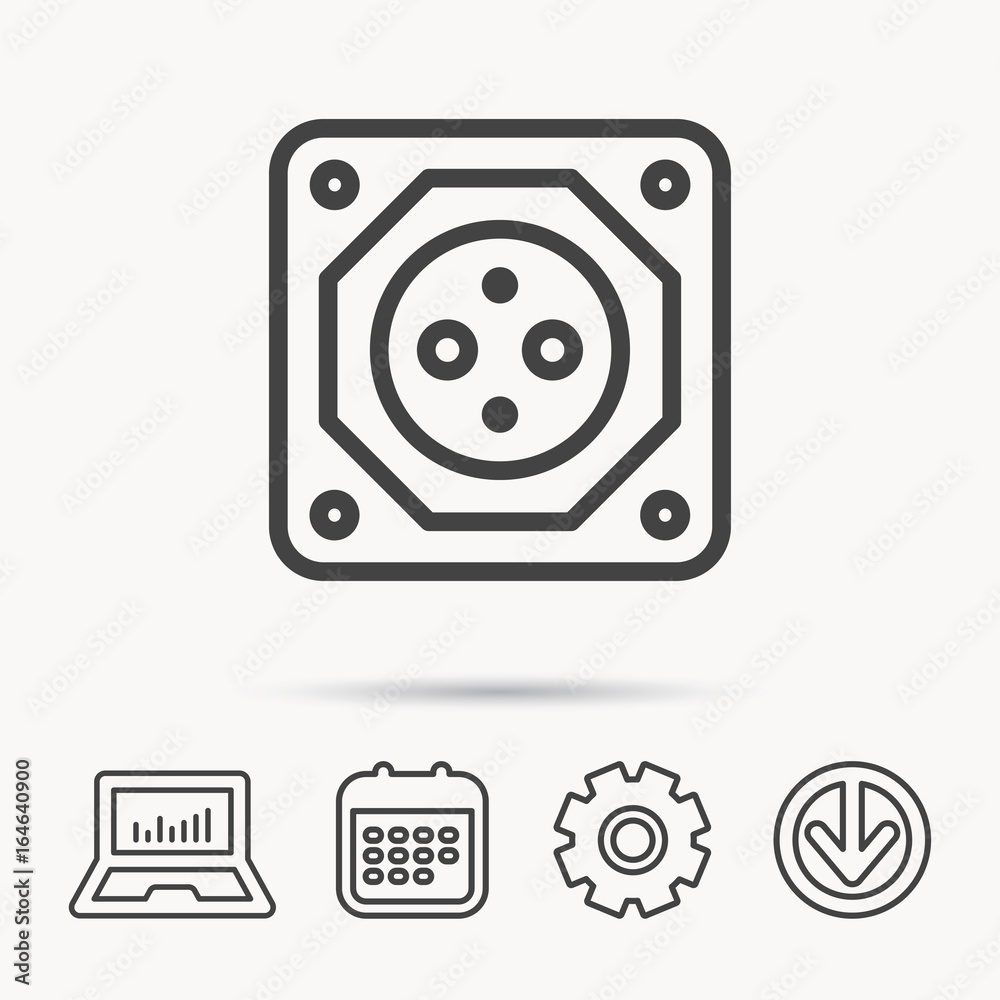 European socket icon. Electricity power adapter sign. Notebook, Calendar and Cogwheel signs. Download arrow web icon. Vector European socket icon. Electricity power adapter sign. Notebook, Calendar and Cogwheel signs. Download arrow web icon. Vector