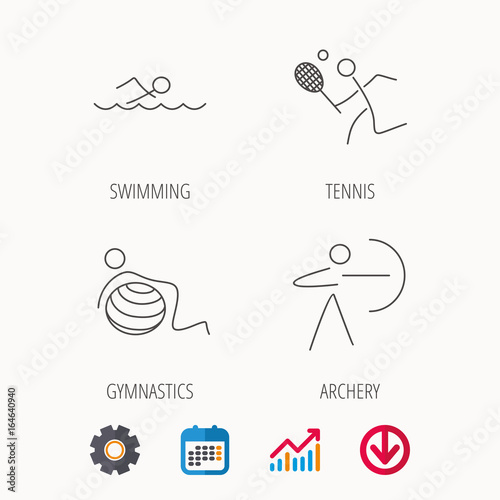 Swimming, tennis and gymnastics icons. Archery linear sign. Calendar, Graph chart and Cogwheel signs. Download colored web icon. Vector