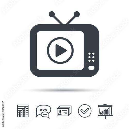 TV icon. Retro television symbol. Chat speech bubble, chart and presentation signs. Contacts and tick web icons. Vector