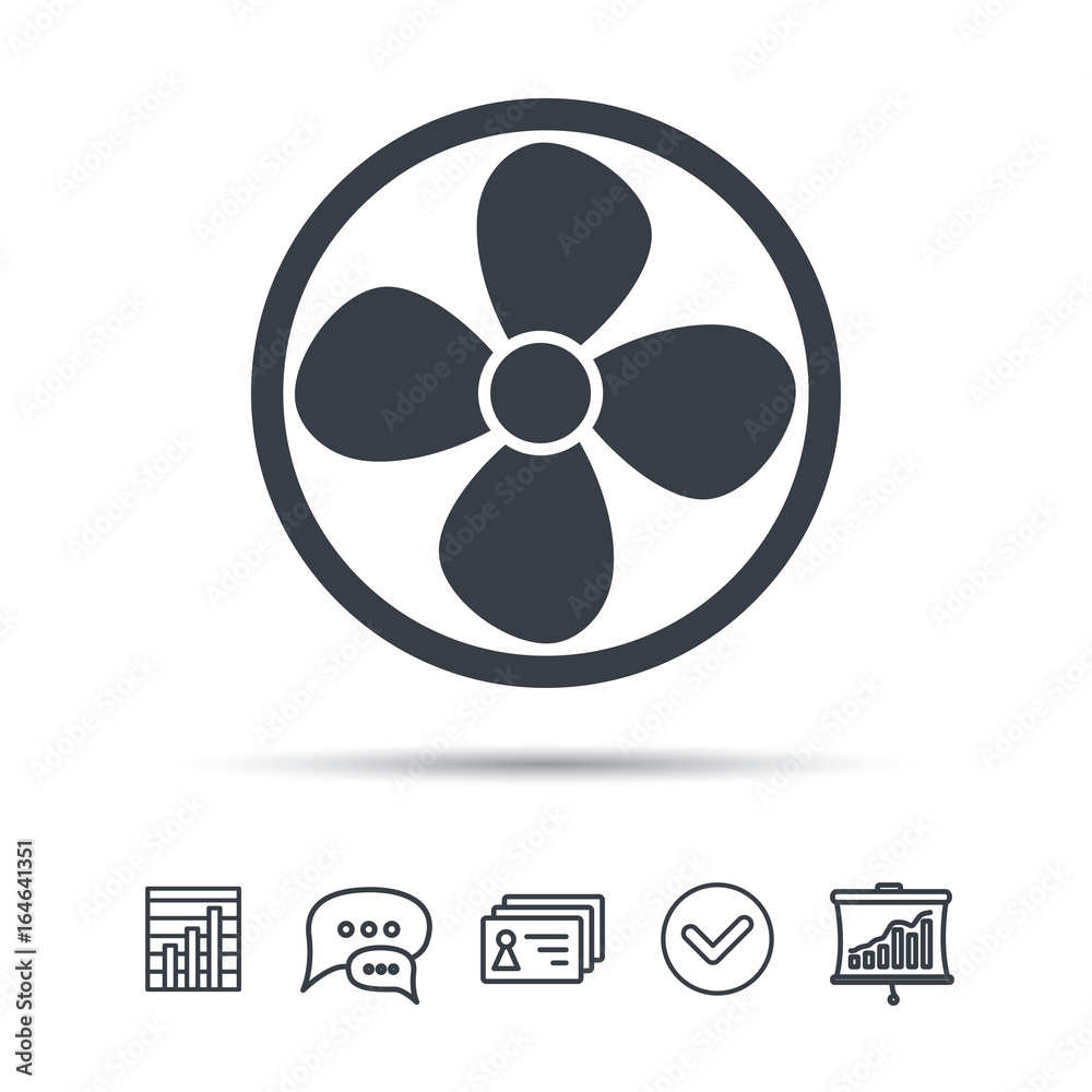 Ventilation icon. Air ventilator or fan symbol. Chat speech bubble, chart and presentation signs. Contacts and tick web icons. Vector Ventilation icon. Air ventilator or fan symbol. Chat speech bubble, chart and presentation signs. Contacts and tick web icons. Vector