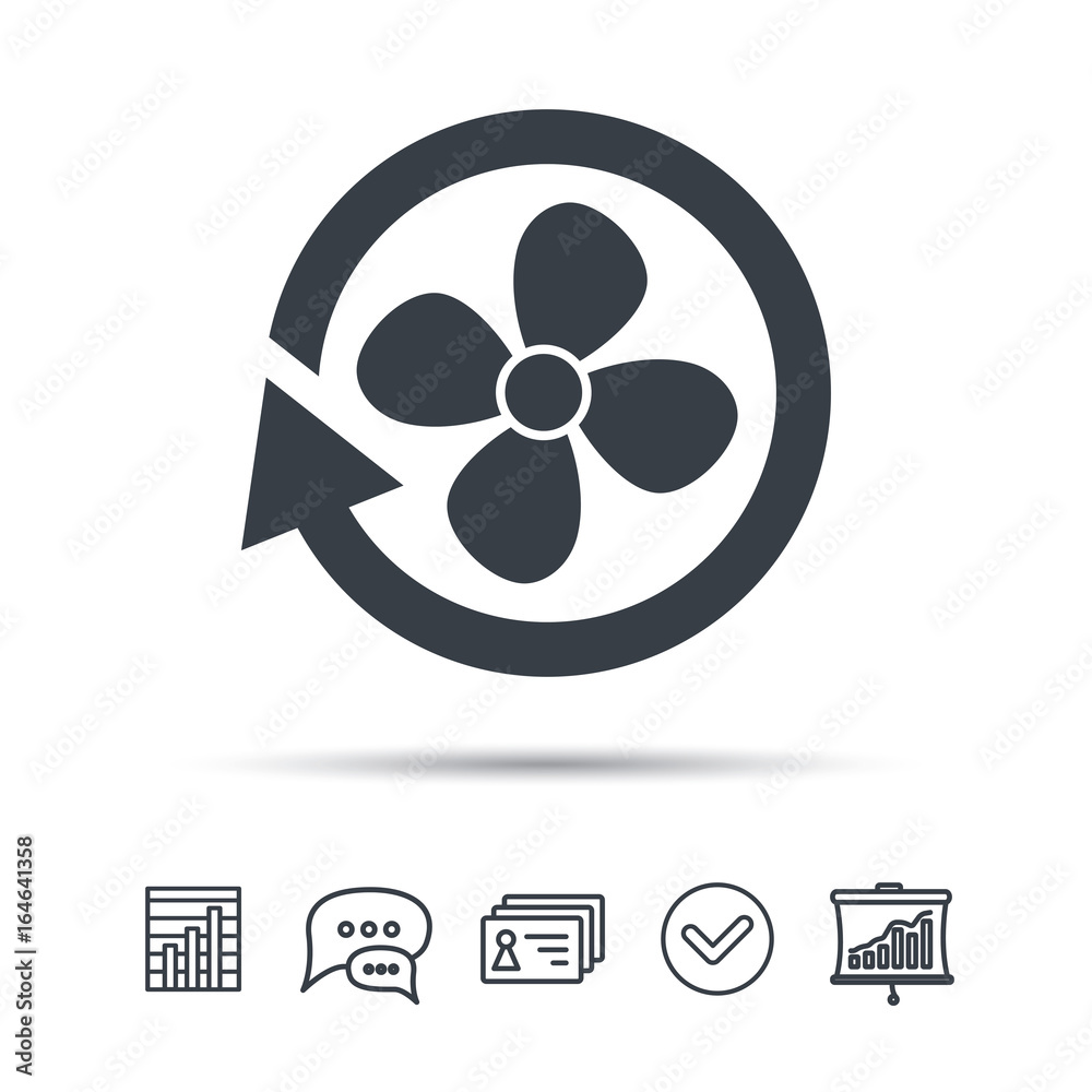 Ventilation icon. Air ventilator or fan symbol. Chat speech bubble, chart and presentation signs. Contacts and tick web icons. Vector Ventilation icon. Air ventilator or fan symbol. Chat speech bubble, chart and presentation signs. Contacts and tick web icons. Vector